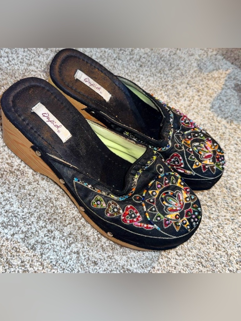 Vibrant Embroidered Black Slip-On Wedges